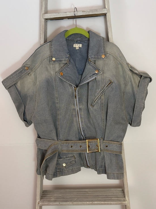 POL Jackets & Blazers - POL Short-Sleeve Washed Gray Denim Moto Jacket, cropped, oversized, modern, edgy